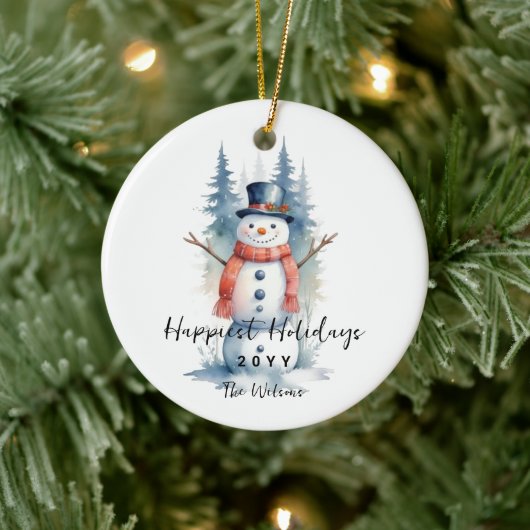 Funny Cute MInimalist Snowman Frosted Forest Keramisch Ornament (Boom)