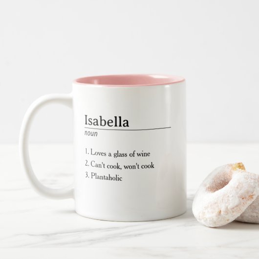 Funny Cute Personalised Name Definition Tweekleurige Koffiemok (Met donut)