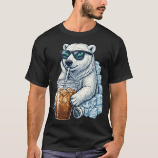Funny Cute Polar Bear Drinking Iced Coffee Cool T-shirt