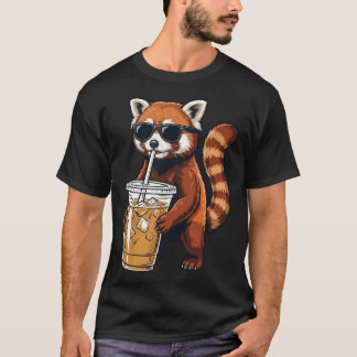 Funny Cute Red Panda Drinking Iced Coffee T-shirt