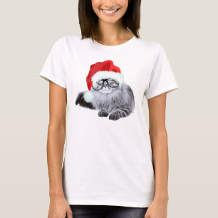Funny Cute Santa Cat in Glasses Kerstmis T-shirt