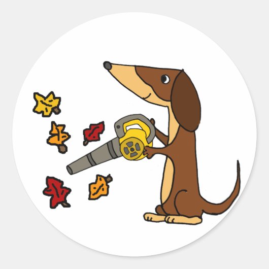 Funny Dachshund Dog met Leaf Blower Ronde Sticker (Voorkant)