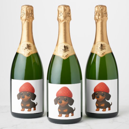 Funny dachshund with strawberries and hat fruity sparkling wijnetiket (Flessen)