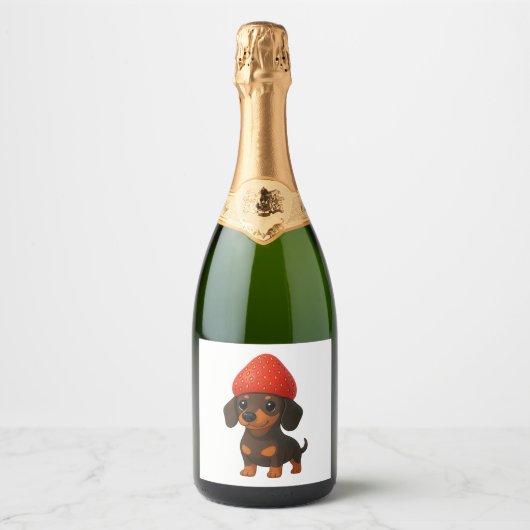 Funny dachshund with strawberries and hat fruity sparkling wijnetiket (Voorkant)