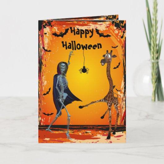 Funny Dancing Giraffe & Skeleton Halloween Card Kaart (Voorkant)
