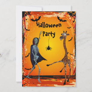 Funny Dancing Giraffe & Skeleton Halloween Party Kaart