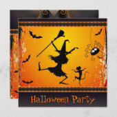 Funny Dansende Witch en Cat Halloween Party Kaart (Voorkant / Achterkant)