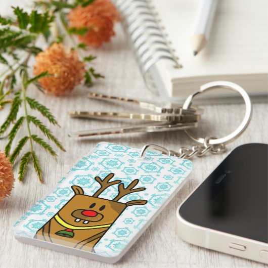 Funny Deer Blue Snowflake Pattern Winter Feestdage Sleutelhanger (Voorkant Rechts)