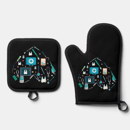 Funny Dental Dentist Tool Heart Ovenwant & Pannenlap Set (Voorkant)