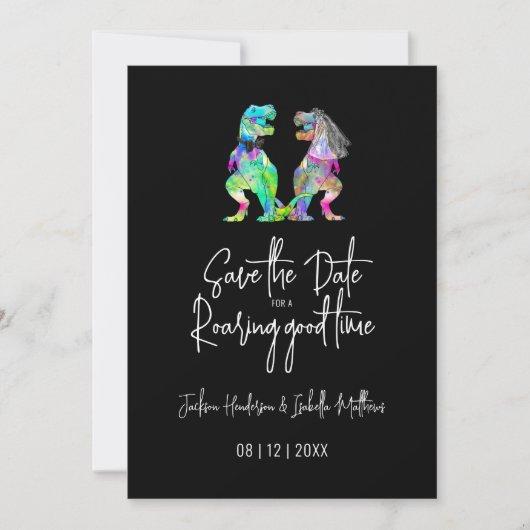 Funny Dinosaur Wedding Black and White Save The Date (Voorkant)