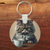 Funny Disappointed Cat With Coffee Mug Sleutelhanger (Achterkant)