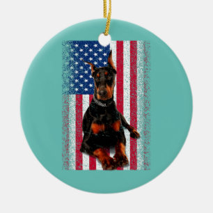 Funny Doberman Dog American Flag Patriotic Happy Keramisch Ornament