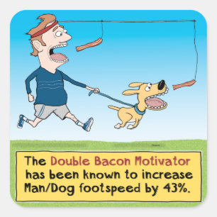 Funny Dog and Man Chasing Bacon Vierkante Sticker