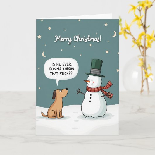 Funny Dog Christmas Card Snowman Stick Fetch Joke Kaart (Gele Bloem)