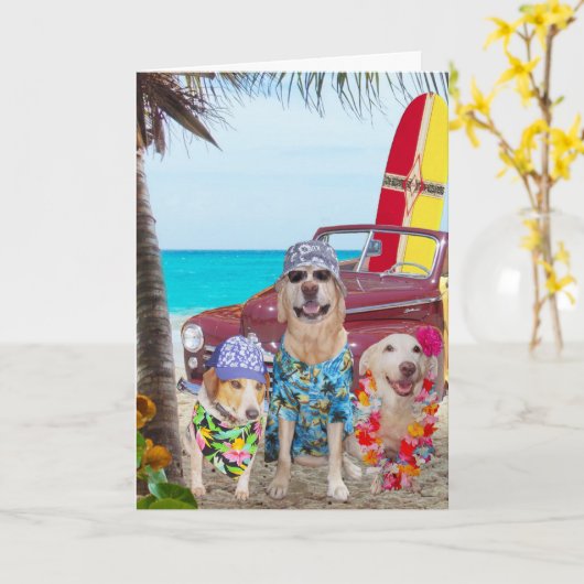 Funny Dogs Hawaiian / Surfer Verjaardag Kaart (Gele Bloem)