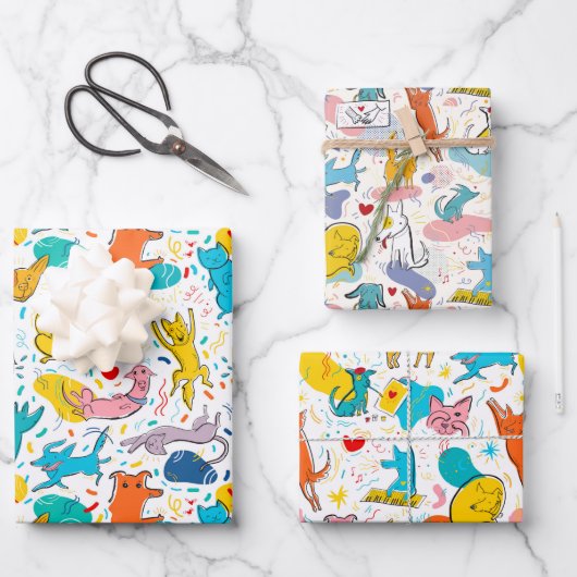Funny Doodled Dogs Cats Wrapping Paper Set of 3 (Voorkant)