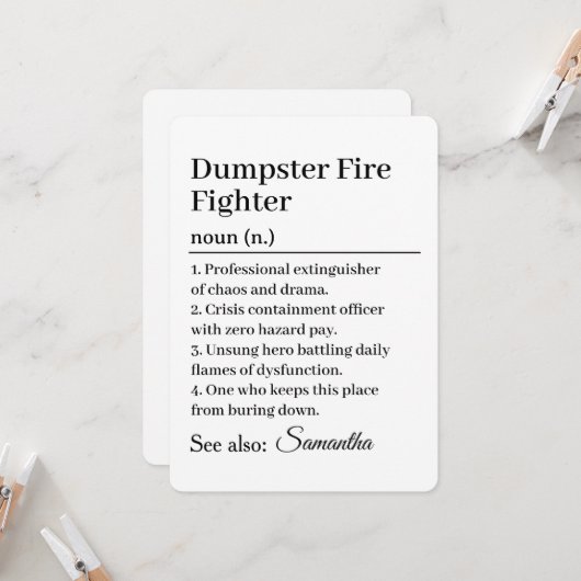 Funny Dumpster Fire Fighter Definition Card Kaart (Voorkant / Achterkant in situ)