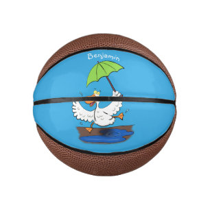 Funny eend met paraplu dansende cartoon basketbal