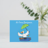 Funny eend met paraplu dansende cartoon briefkaart (Staand voorkant)