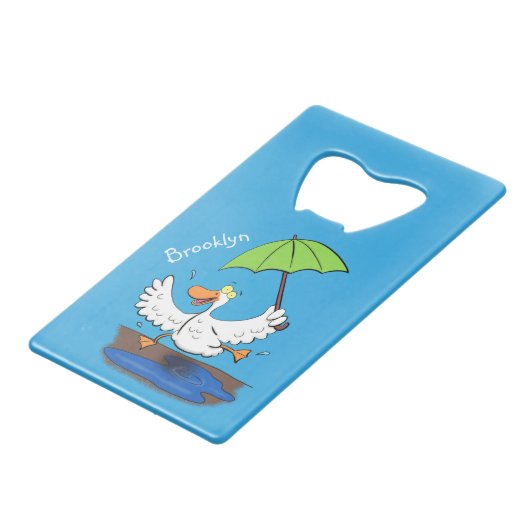 Funny eend met paraplu dansende cartoon kredietkaart flessenopener (Voorkant Gekanteld)