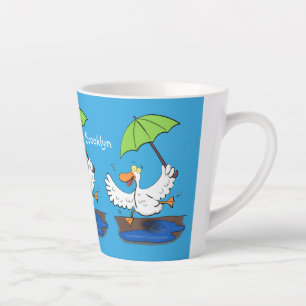 Funny eend met paraplu dansende cartoon latte mok