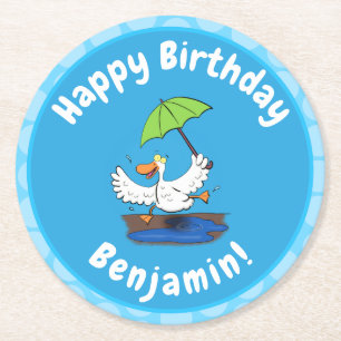 Funny eend met paraplu dansende cartoon ronde kartonnen onderzetter