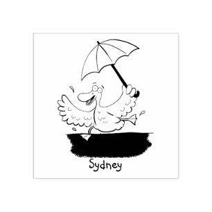 Funny eend met paraplu dansende cartoon rubberstempel