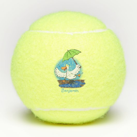 Funny eend met paraplu dansende cartoon tennisballen (Voorkant)