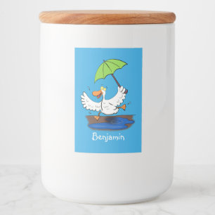Funny eend met paraplu dansende cartoon voedselcontainer etiket