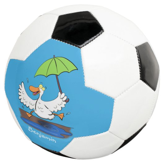 Funny eend met paraplu dansende cartoon voetbal (Drie kwart)