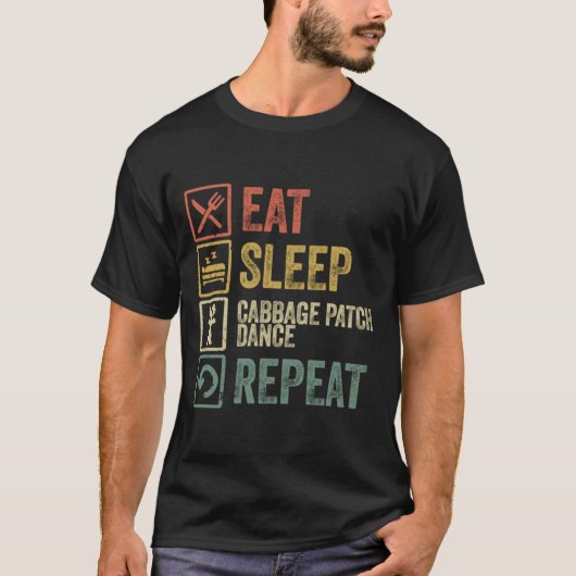 Funny eet slaapkool patch dans repeat retro v t-shirt (Voorkant)
