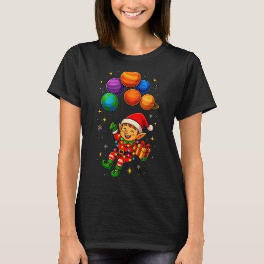 Funny Elf Astronaut With Planets Christmas Pjs For T-shirt (Voorkant)