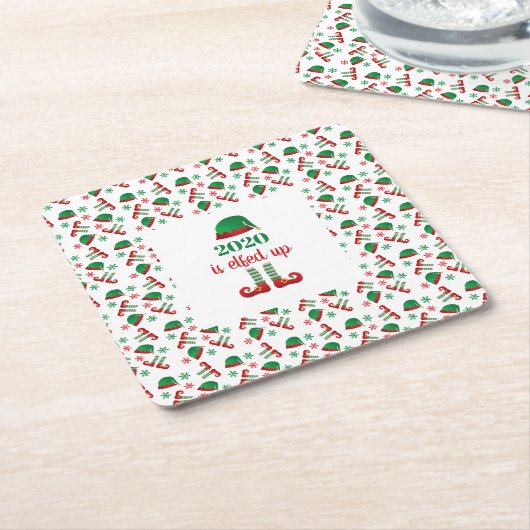 Funny Elf Christmas Gezegde Groen Rood Vierkante Kartonnen Onderzetter (Schuin)