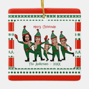 Funny Elf Familie van Vijf Foto Rood Kerst Keramisch Ornament