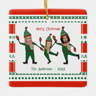 Funny Elf Family Foto Red Green Merry Kerstry Keramisch Ornament