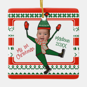 Funny Elf, mijn eerste kerstrood-groene Keramisch Ornament
