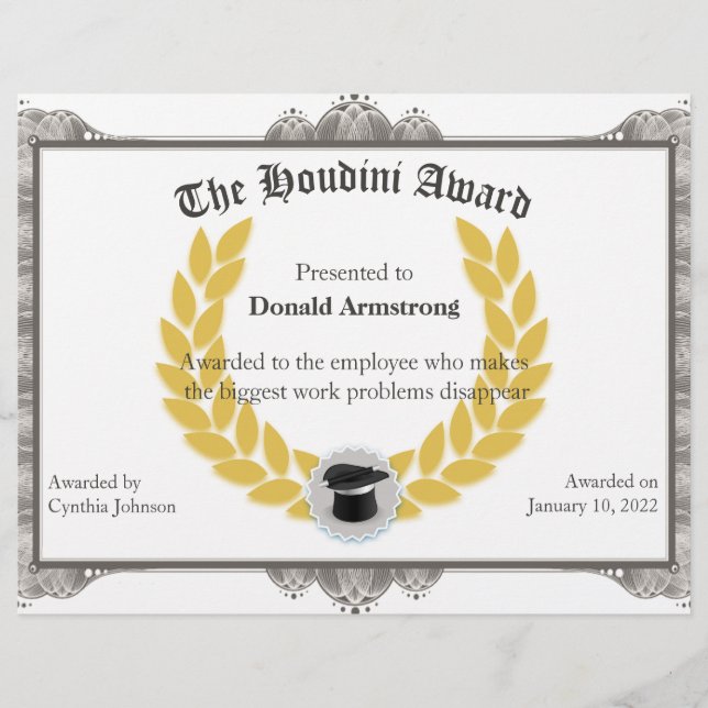 Funny Employee Award - Houdini (Voorkant)