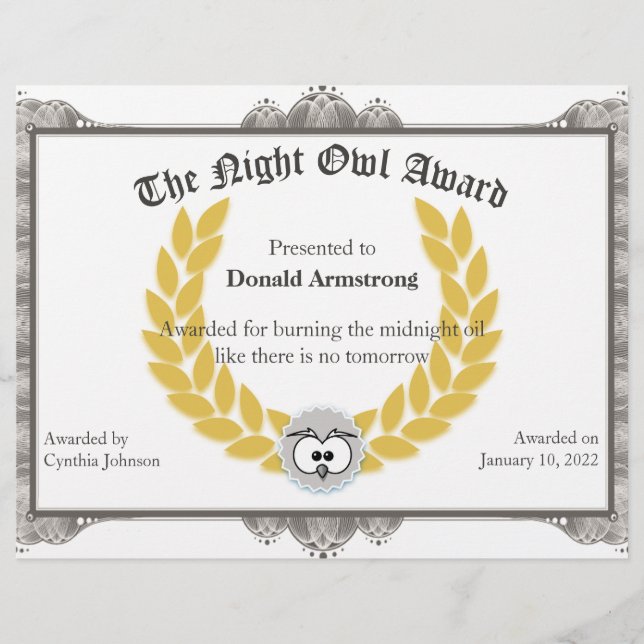 Funny Employee Award - Night Owl (Voorkant)