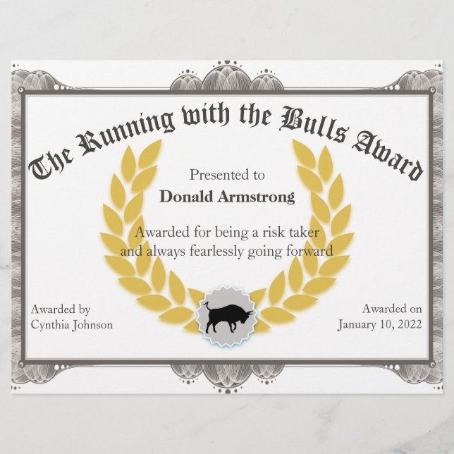 Funny Employee Award - Running with the Bull (Voorkant)