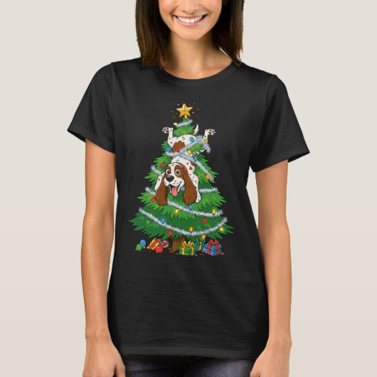 Funny English Springer Spaniel Dog Christmas Tree T-shirt (Voorkant)