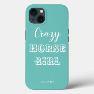 Funny Equestrian Turquoise Crazy Horse Girl Naam iPhone 13 Hoesje