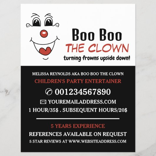 Funny Face, Kinder entertainer, Clown Adverteren Flyer (Voorkant)