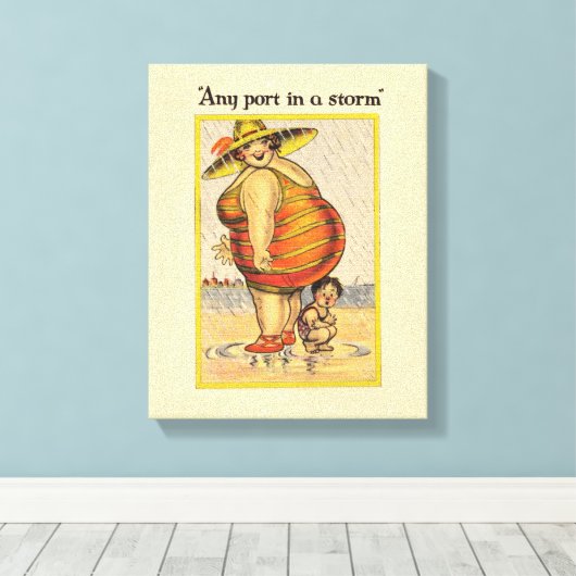 Funny Fat Lady op strand Canvas Afdruk (Insitu (Houten vloer))