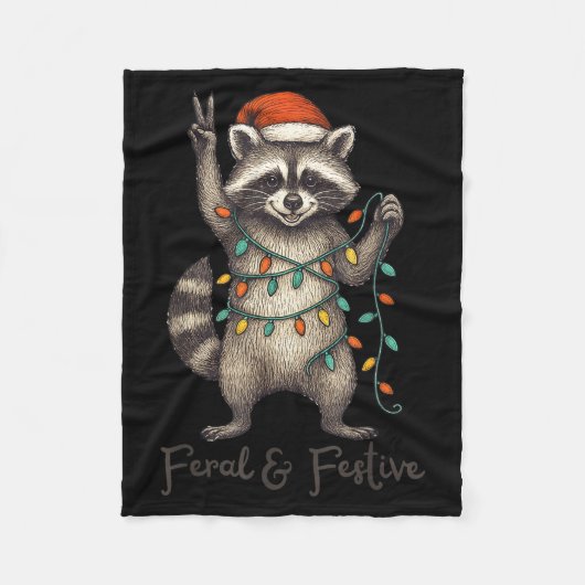 Funny Feral And Festive Raccoon Santa Hat Retro Ch Fleece Deken (Voorkant)