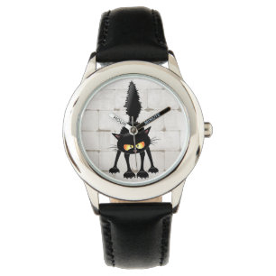Funny Fierce Black Cat Cartoon Horloge