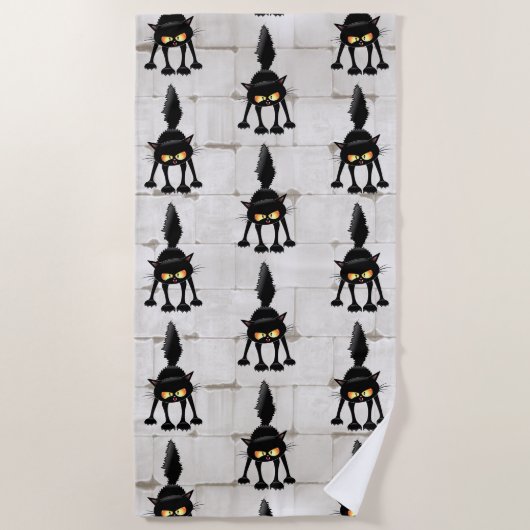 Funny Fierce Black Cat Cartoon  Strandlaken (Voorkant)