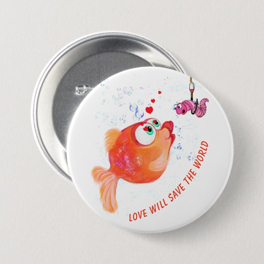 Funny Fish and Worm Love Romantic Cartoon Button (Voorkant /achterkant)