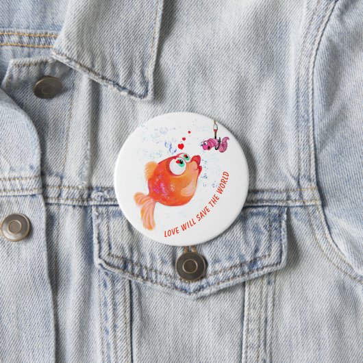 Funny Fish and Worm Love Romantic Cartoon Button (In situ)