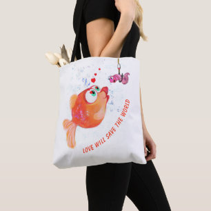 Funny Fish and Worm Love Romantic Cartoon Drawing Draagtas