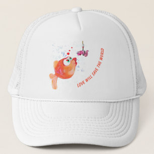 Funny Fish and Worm Love Romantic Cartoon Drawing Trucker Pet